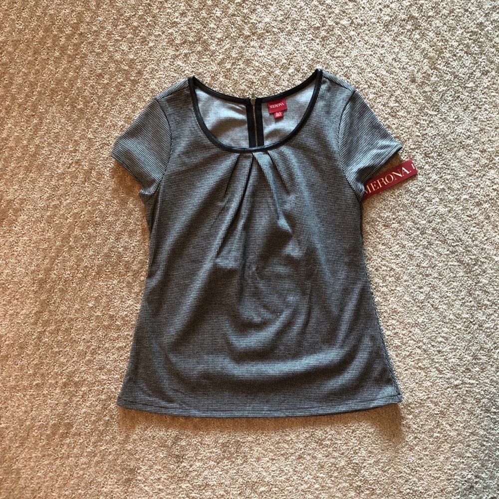 Merona Zipper Back Faux Leather Trim Houndstooth gray and black Top